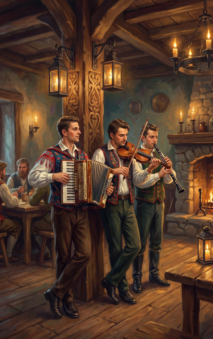 Tavern musicians: accordion, violin and clarinet