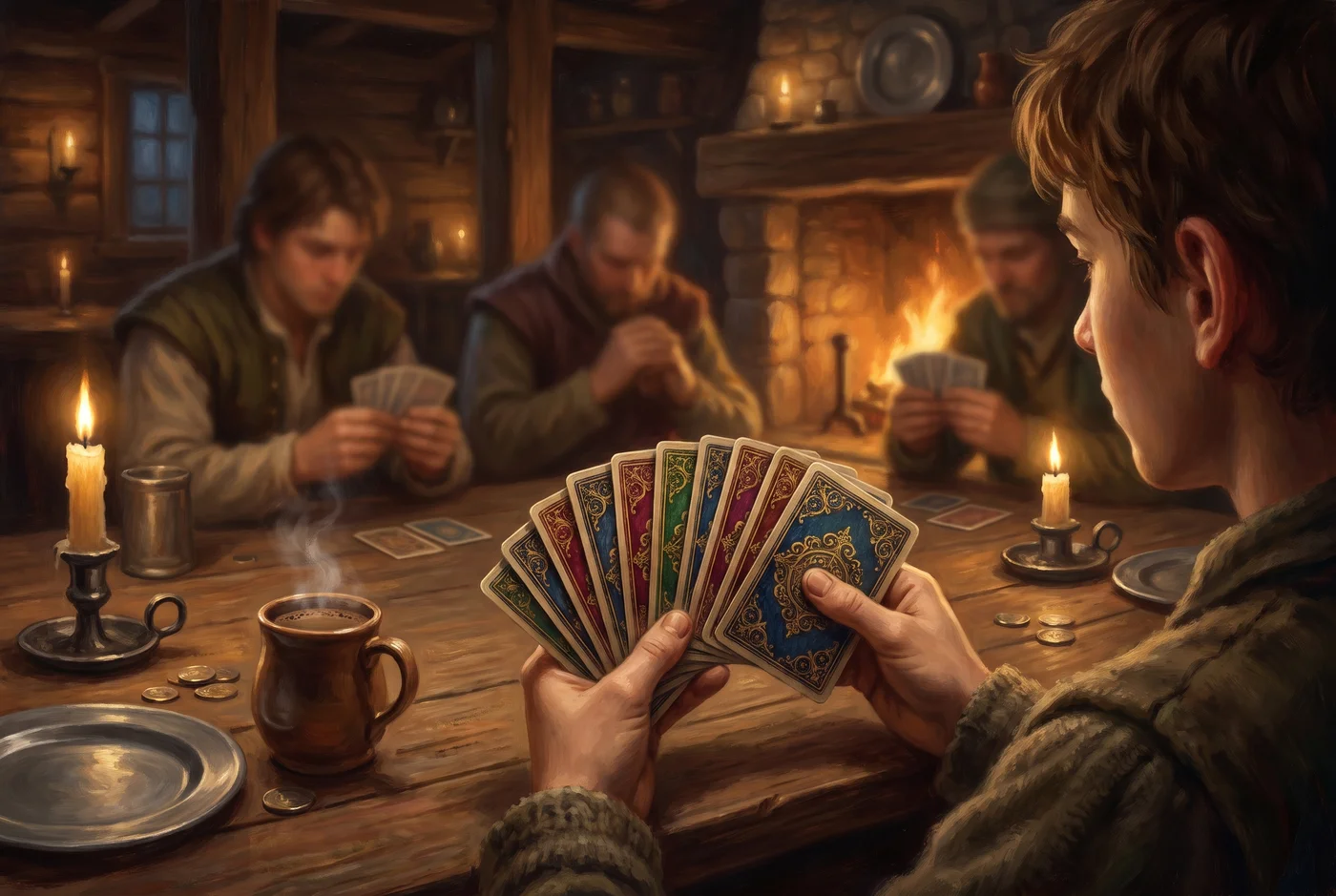 A beginner's fan of cards by the tavern fireplace