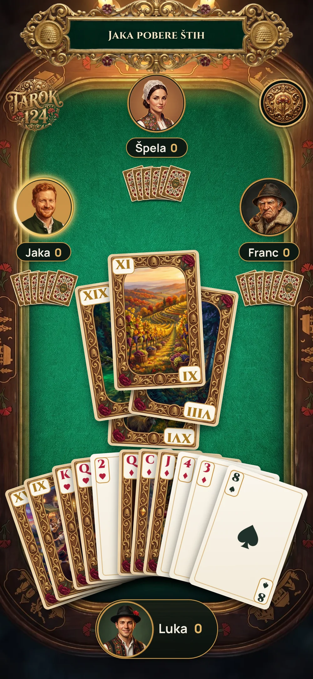 Tarok 124 on a phone: portrait table with a trick of tarok cards and a full fan under the thumb