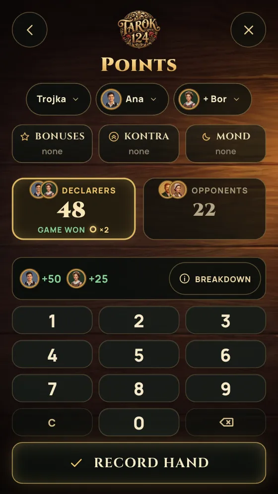 Entering the points of a trojka in the tarok score keeper